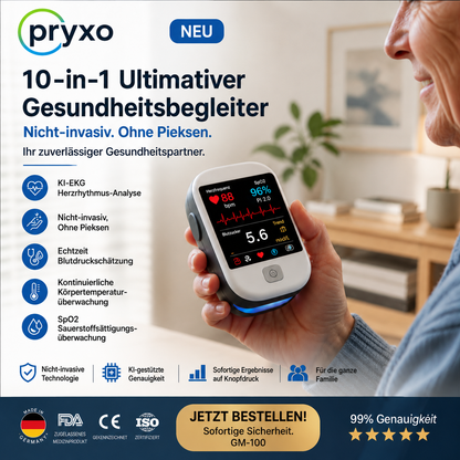 Pryxo™ – Intelligentes Blutentnahmegerät der zweiten Generation (2026) – 10-in-1-Gerät / 10 Gesundheitsberichte – ohne Nadelstich