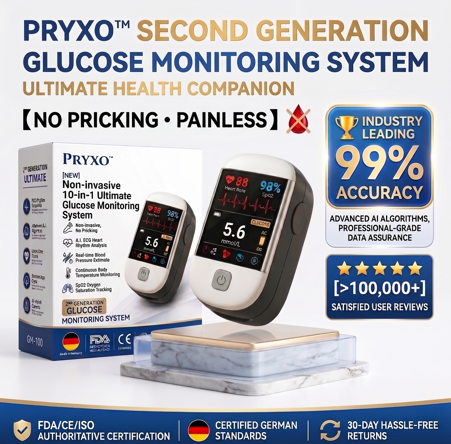 Pryxo™ – Intelligentes Blutentnahmegerät der zweiten Generation (2026) – 10-in-1-Gerät / 10 Gesundheitsberichte – ohne Nadelstich